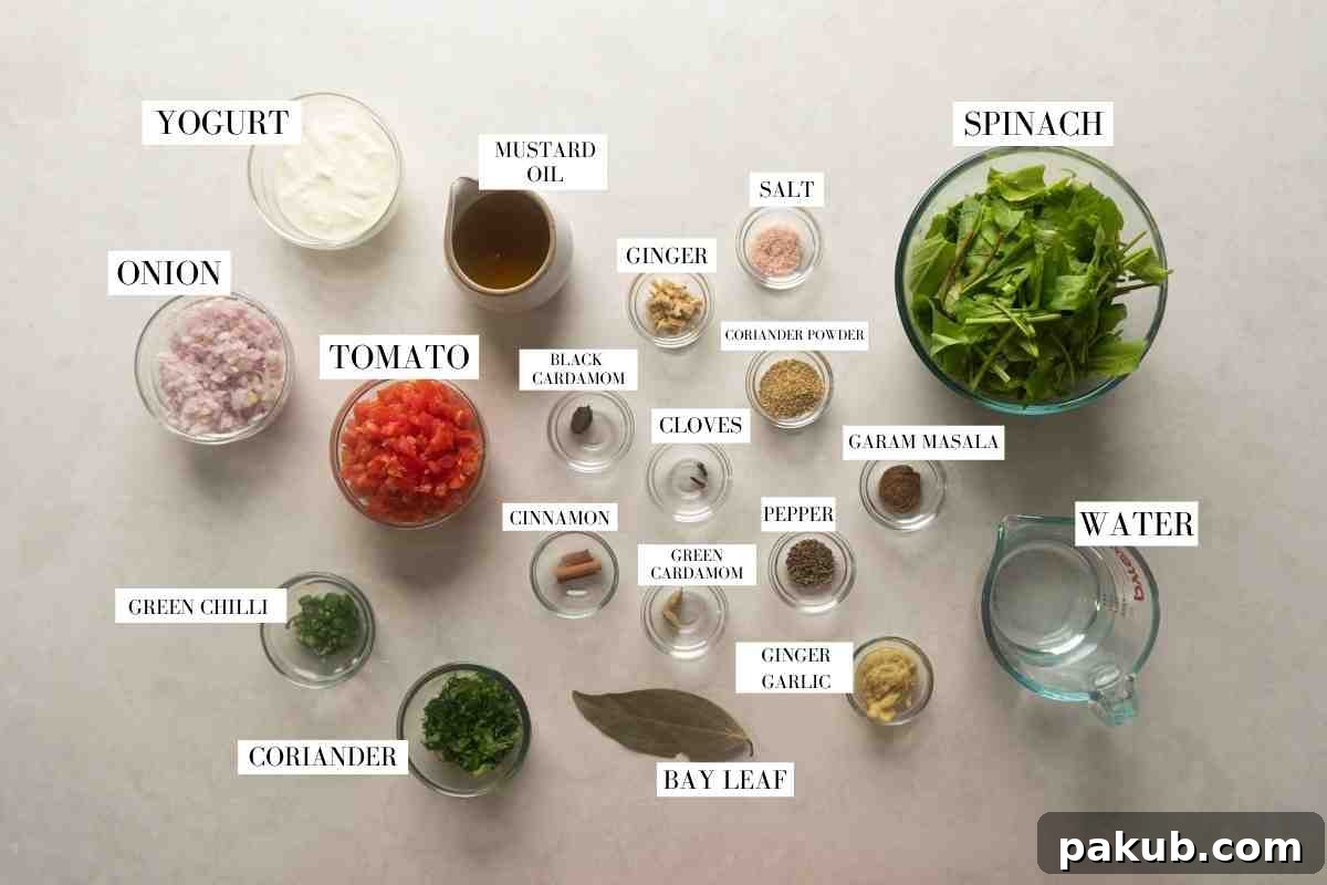 Saag Palak Chicken Recipe 4 A comprehensive collection of ingredients for Saag Chicken curry, featuring fresh spinach, coriander, whole spices, aromatics, yogurt, and other key components.