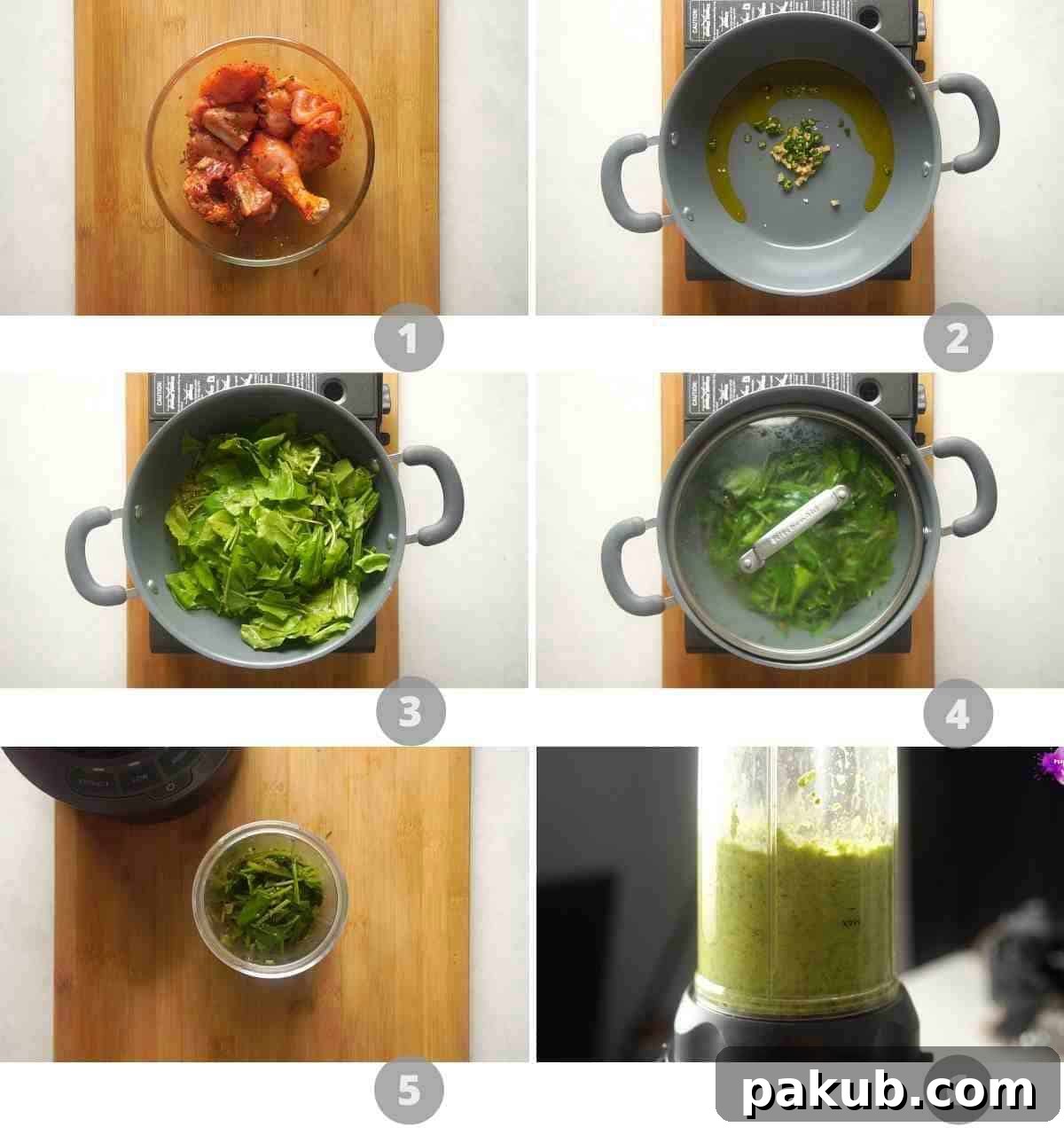 Saag Palak Chicken Recipe 5 A visual step-by-step collage demonstrating the initial stages of preparing Saag Chicken, including marinating chicken and sautéing spinach and aromatics.