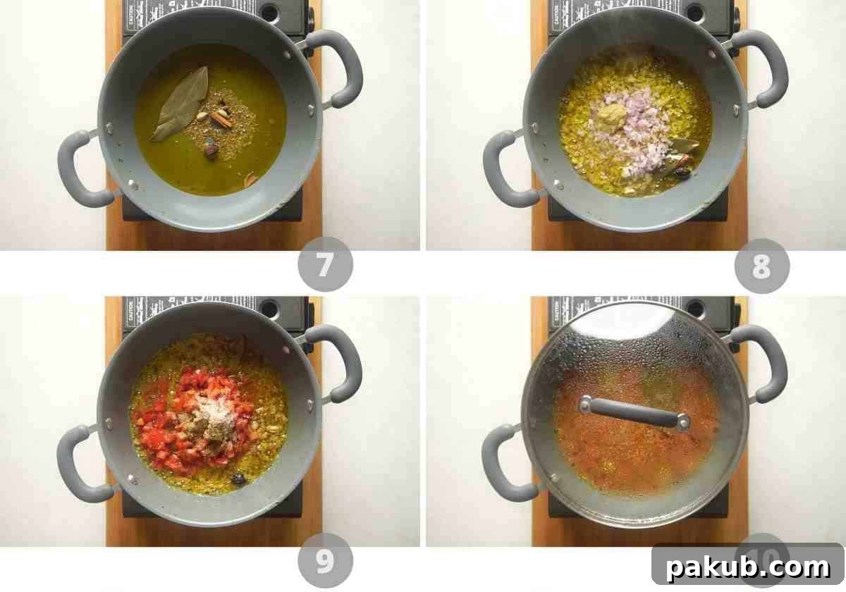 Saag Palak Chicken Recipe 6 Another step-by-step collage illustrating the gravy preparation process for Saag Chicken, showing spices tempering, onions caramelizing, and tomatoes cooking down.