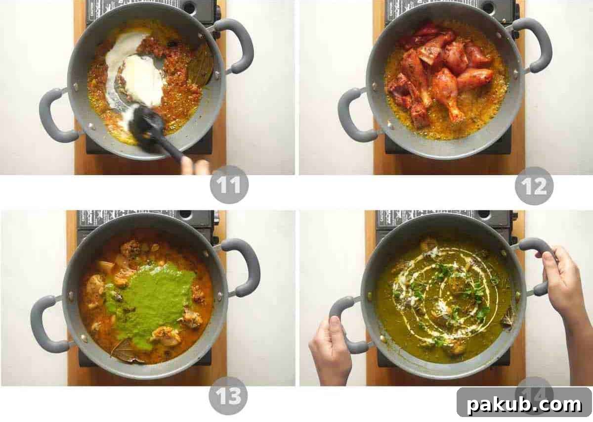 Saag Palak Chicken Recipe 7 Final stage of Saag Chicken preparation, showcasing the addition of yogurt and chicken, simmering in the gravy, and the final incorporation of spinach paste and cream.
