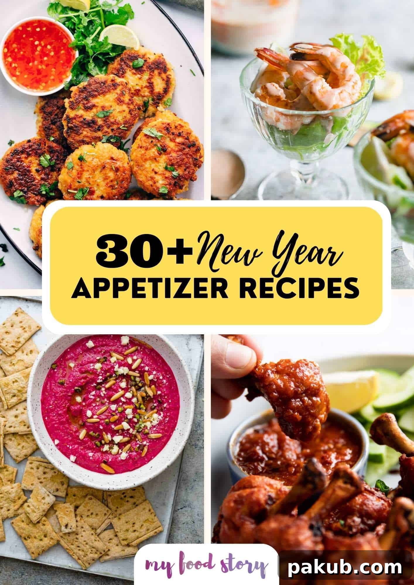 Countdown to Delicious: 30+ NYE Appetizers in Just 30 Mins 2 Picture collage showing a few new years appetizers with text overlay: Cheese Ball Christmas Tree, Egyptian Beetroot Dip, Crispy Baby Corn Fry