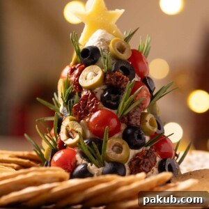 an image of cheese ball christmas tree with crackers