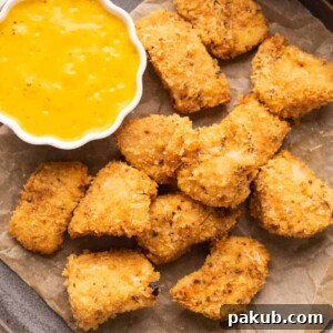 Chicken Nuggets served on a plate with a mango mustard dipping sauce