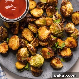 Roasted air fryer brussels sprouts served on a grey plate with ketchup on the side