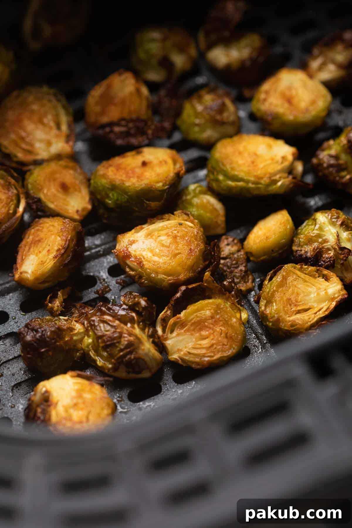 A generous serving of beautifully roasted golden Brussels sprouts, artfully arranged and glistening with delicious seasoning, perfectly cooked in the air fryer and ready to be savored.