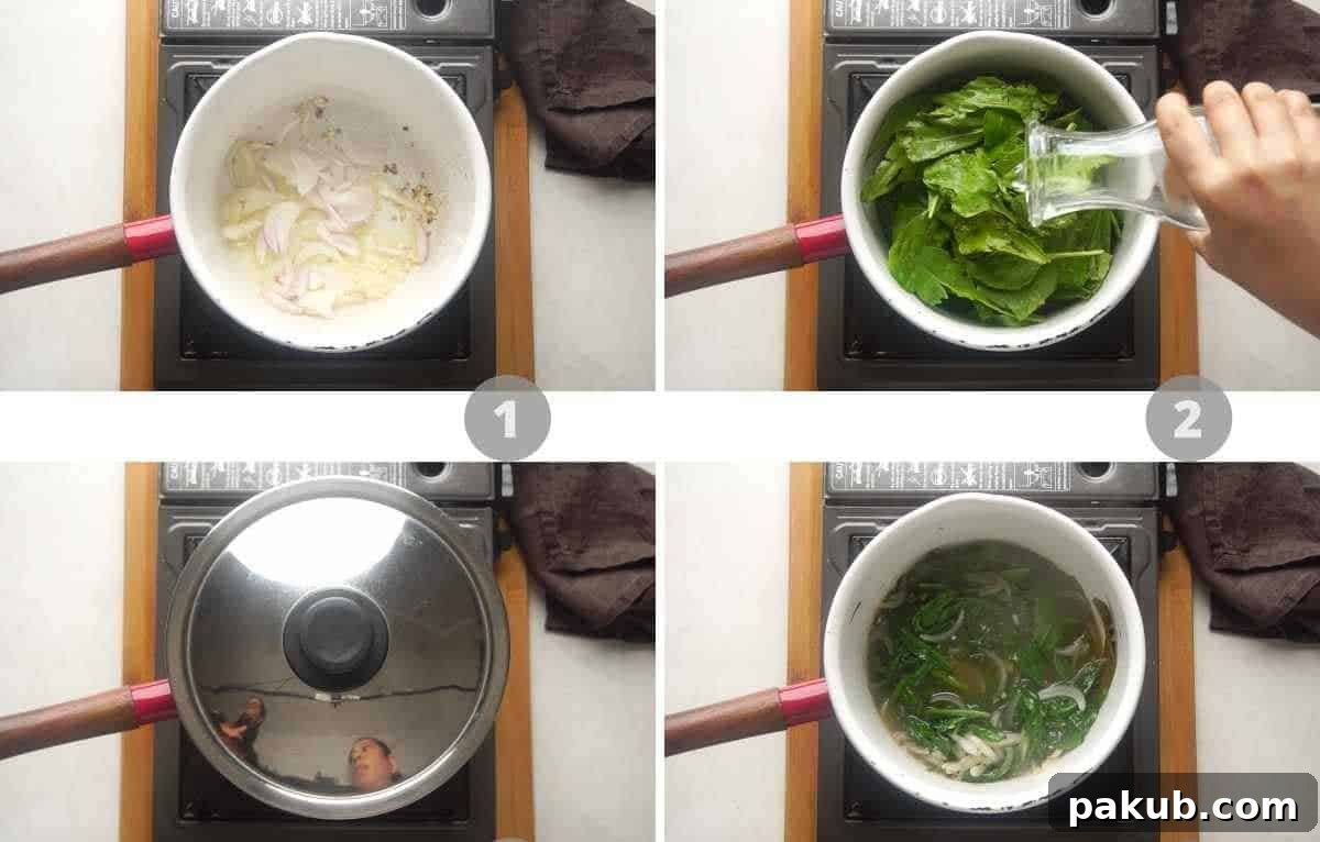 Velvety Spinach Delight 4 A step-by-step visual collage demonstrating the initial stages of preparing spinach soup, from sauteing aromatics like onions and garlic, to adding spinach and bay leaf, and finally wilting the greens in a pot.