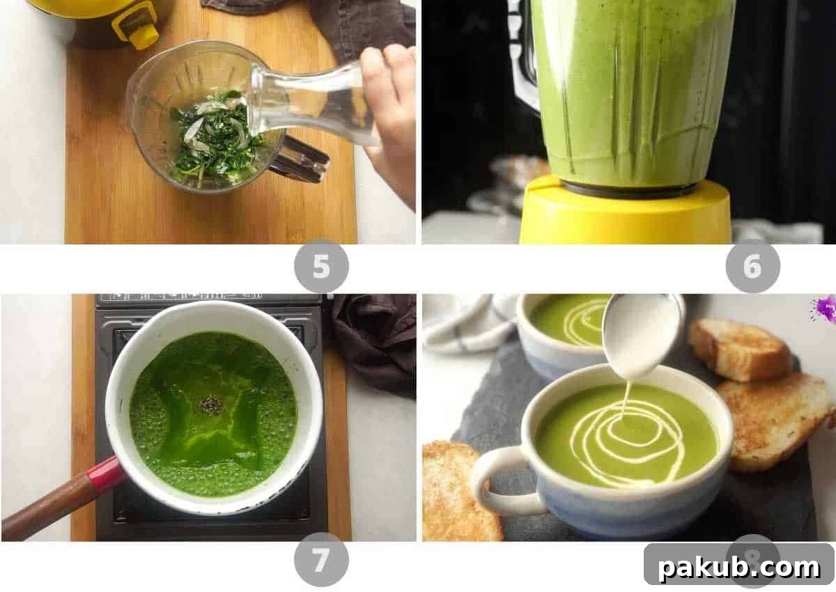 Velvety Spinach Delight 5 A second step-by-step collage illustrating the blending of the cooled spinach mixture into a smooth puree, and then simmering it back in the pot with milk and seasoning, ready for serving.