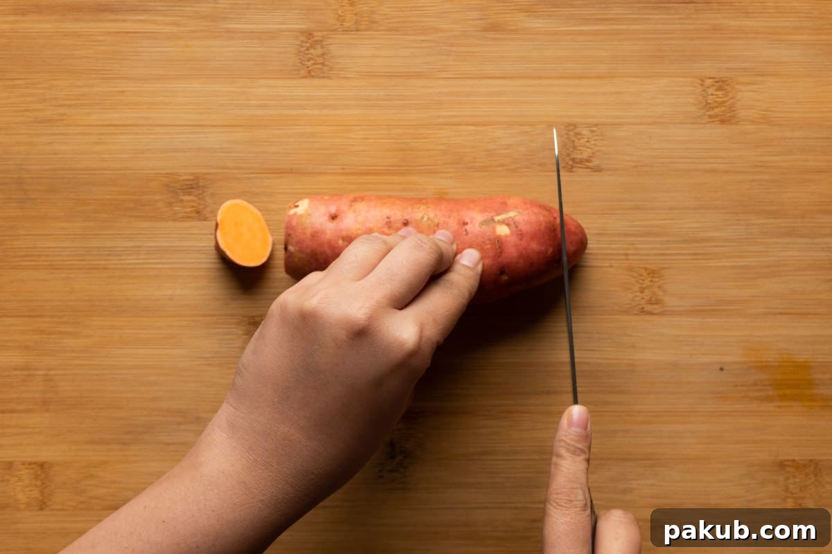 Washing and trimming sweet potato ends for preparing fries
