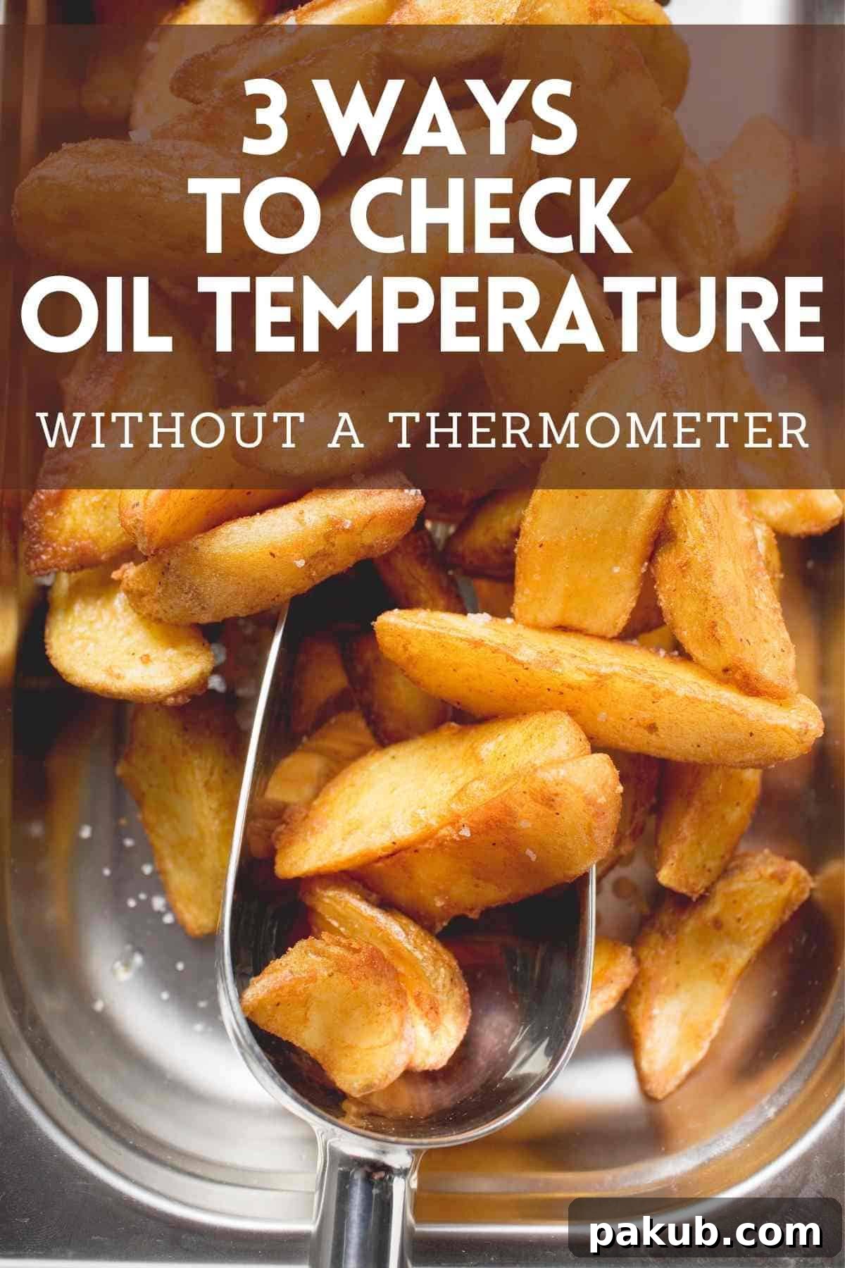 How to check if the oil is hot enough for deep frying without a thermometer, showing golden fried food