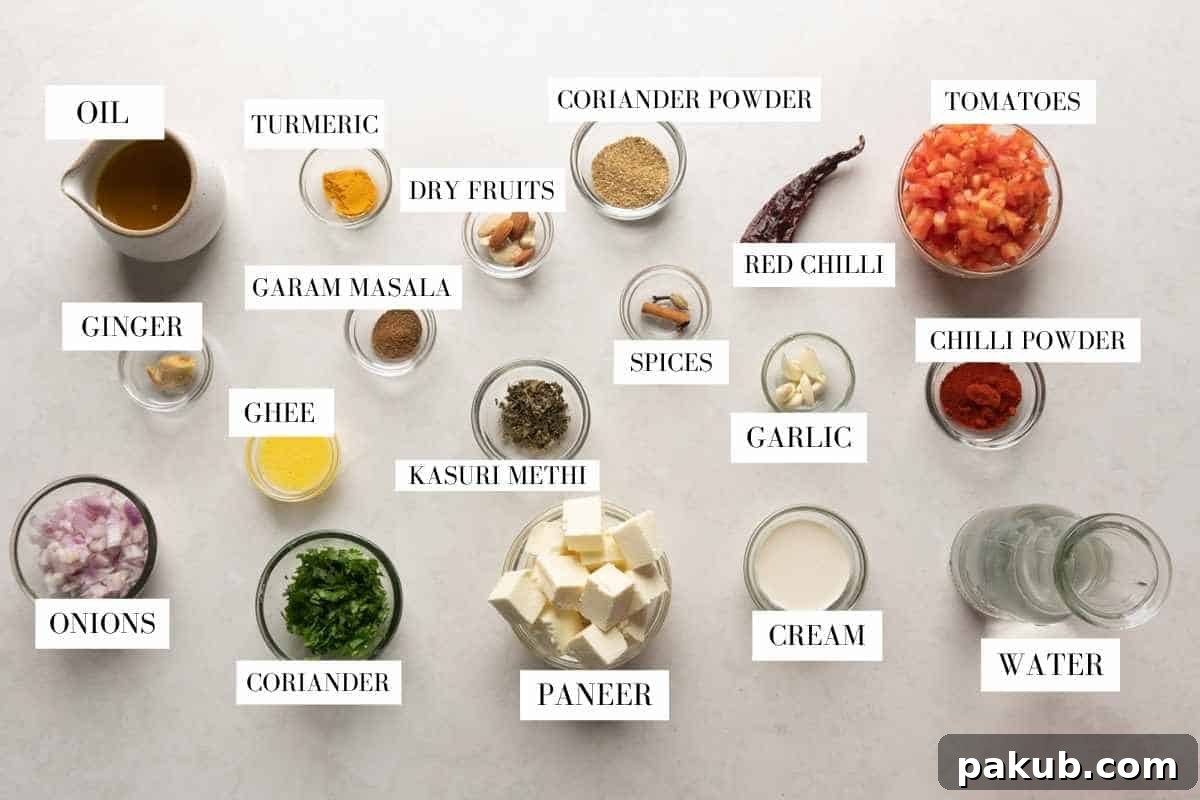 A vibrant flat lay photo showcasing all the fresh ingredients required to make Paneer Lababdar, clearly labeled for easy identification.