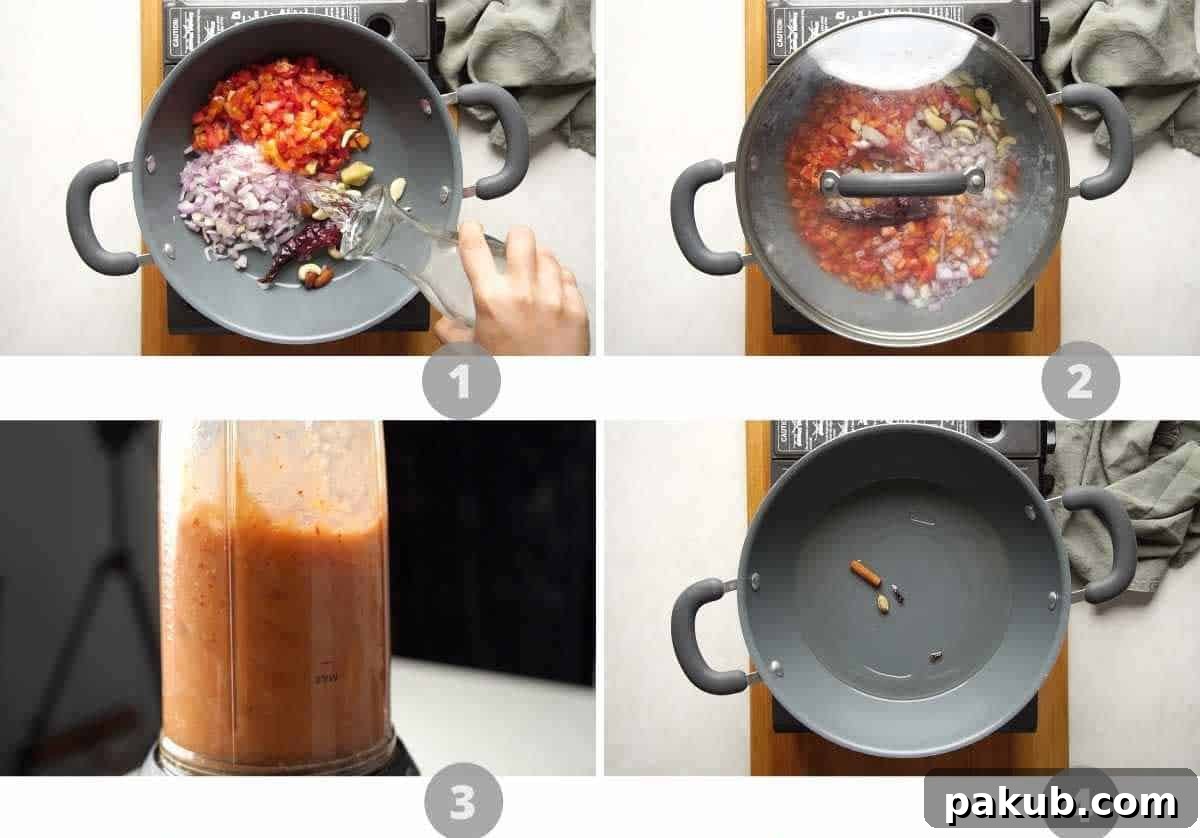 A visual step-by-step collage illustrating the initial stages of making Paneer Lababdar, including boiling the gravy base ingredients.