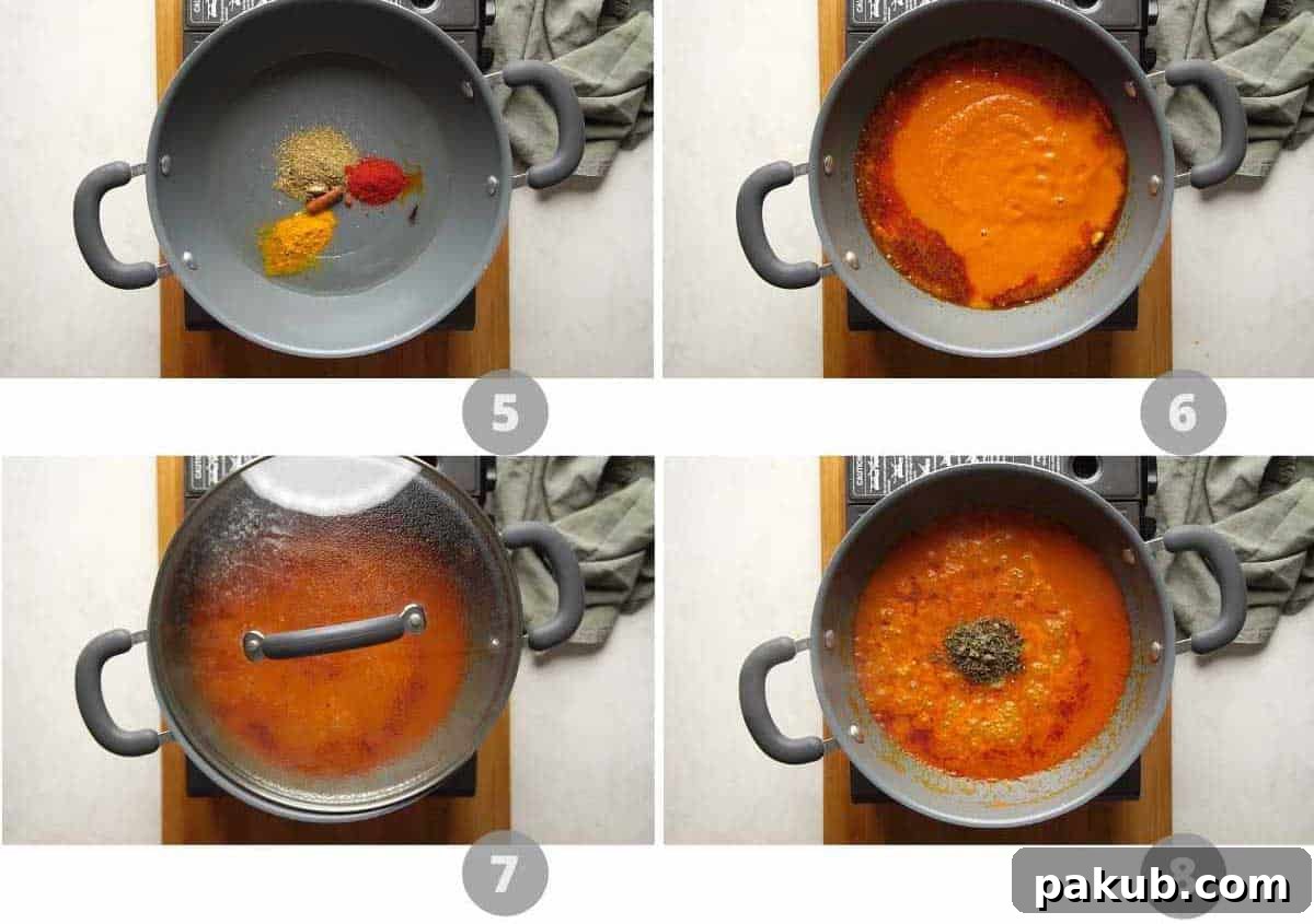 A visual step-by-step collage demonstrating the tempering of whole spices and addition of ground spices for Paneer Lababdar's gravy.