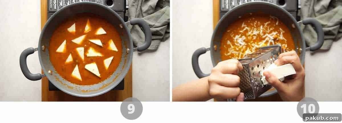 A visual step-by-step collage showing the final stages of Paneer Lababdar preparation: adding paneer cubes, grated paneer, and garnishing.