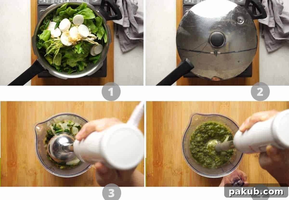 Authentic Punjabi Sarson Ka Saag 3 Step by step picture collage showing how to pressure cook greens for saag and coarsely grind them