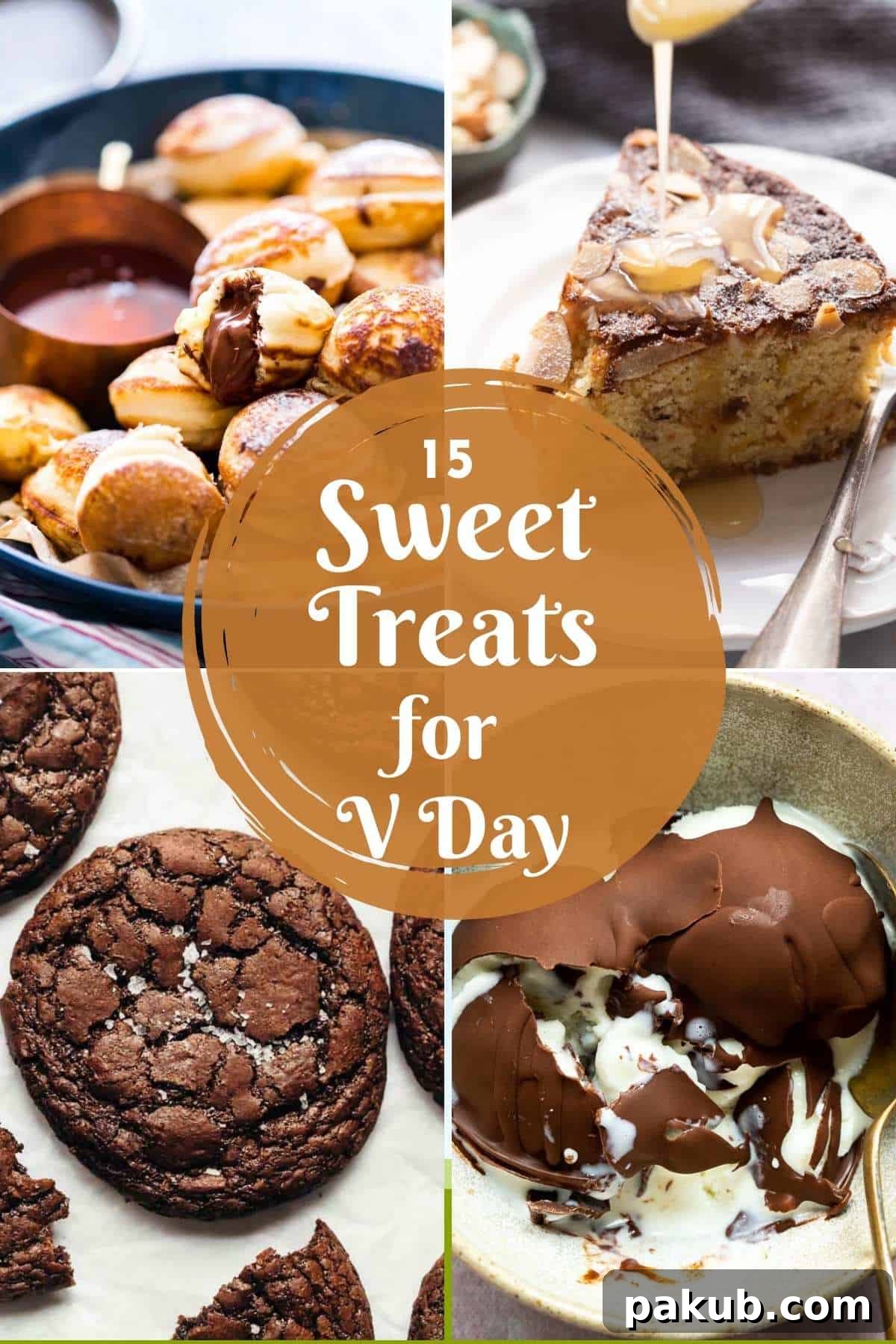 A charming collage of 15 sweet treats perfect for Valentine's Day celebrations, featuring chocolates, ice creams, cheesecakes, cookies, cakes, and truffles.