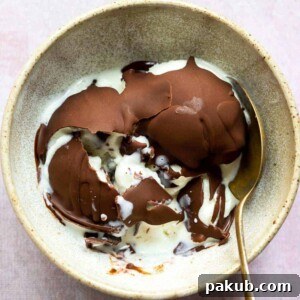 Cracked chocolate magic shell with vanilla ice cream to show the texture in a brown bowl, topped with sprinkles.