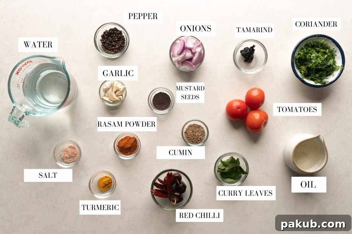 Picture of all the ingredients required for making tomato rasam with text to identify them