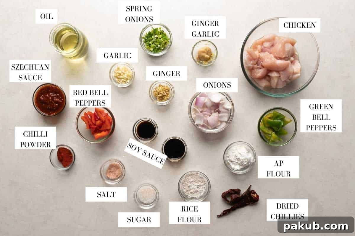 Spicy Szechuan Chicken Stir-Fry 3 Picture of all the ingredients required for Szechuan chicken, neatly arranged with text labels to identify them.