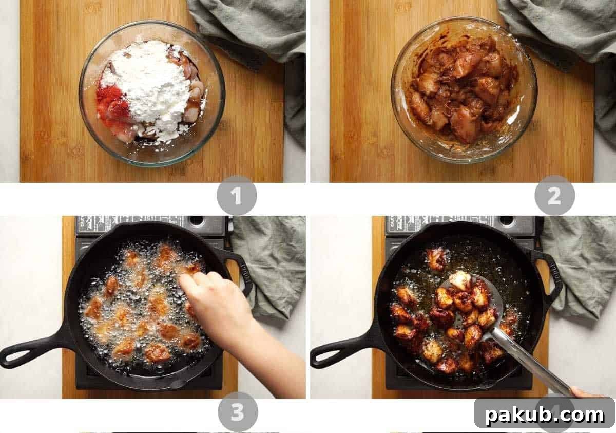 Spicy Szechuan Chicken Stir-Fry 4 Step-by-step picture collage showing how to marinate and fry the chicken pieces for Szechuan chicken.