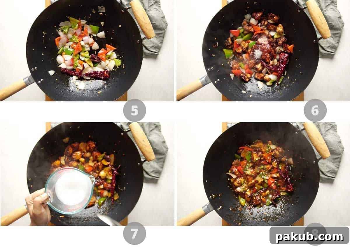 Spicy Szechuan Chicken Stir-Fry 5 Step-by-step picture collage demonstrating how to stir-fry vegetables and combine with sauce and fried chicken for Szechuan chicken.
