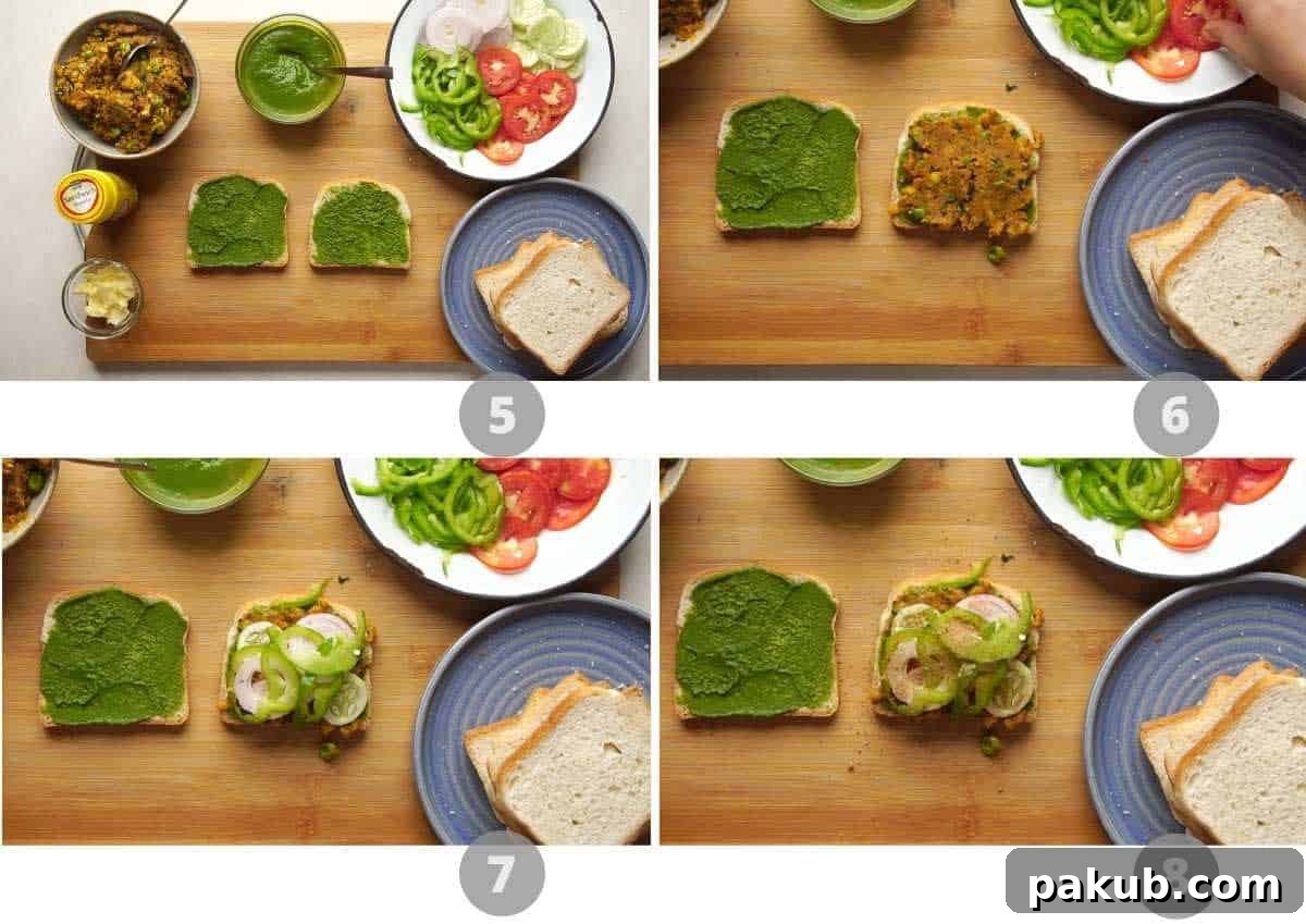 Mumbai Street Toastie 7 Step-by-step picture collage detailing the assembly process of a Bombay Sandwich, layering green chutney, aloo masala, and fresh vegetables on bread slices.