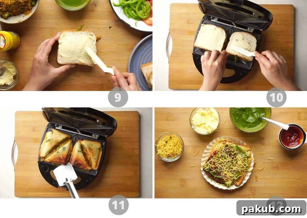 Mumbai Street Toastie 8 Step-by-step picture collage illustrating the grilling process of the Bombay Sandwich until golden brown and adding final toppings like butter, chutney, ketchup, and sev.