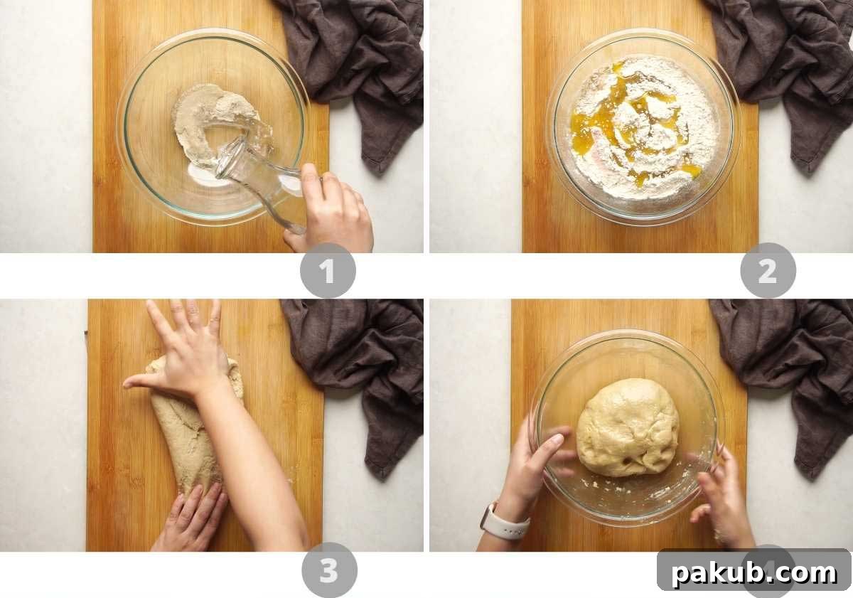 Simple Wholesome Whole Wheat Pita 4 Step by step picture collage showing how to activate yeast and mix dough for whole wheat pita bread