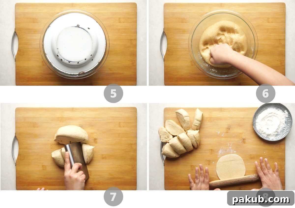 Simple Wholesome Whole Wheat Pita 5 Step by step picture collage showing how to proof dough and roll out whole wheat pita bread