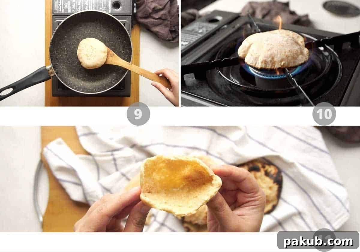 Simple Wholesome Whole Wheat Pita 6 Step by step picture collage showing how to cook whole wheat pita bread on a skillet for perfect pockets