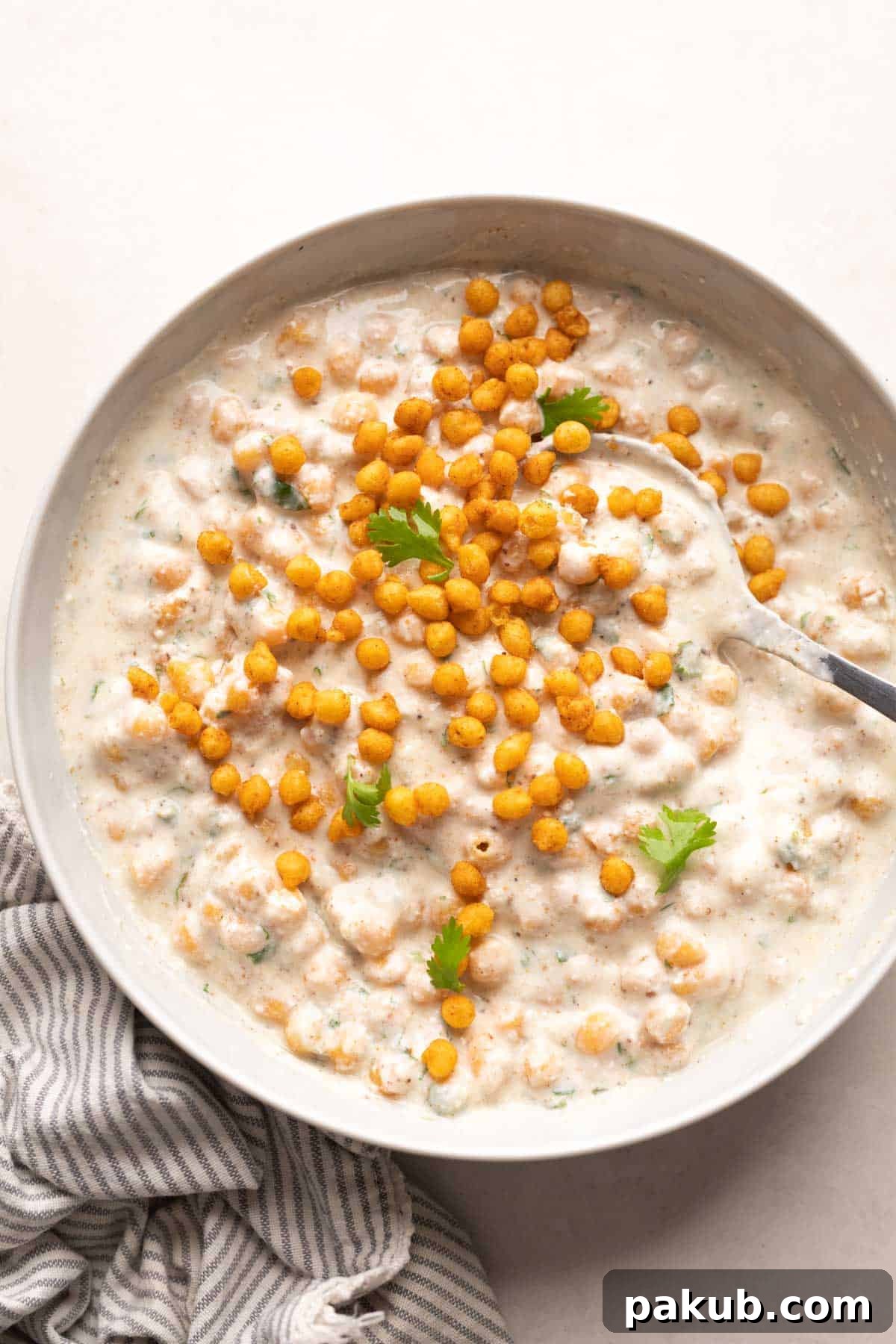 Spiced Yogurt with Crispy Boondi Pearls 2 Boondi Raita served in a white bowl with coriander on top