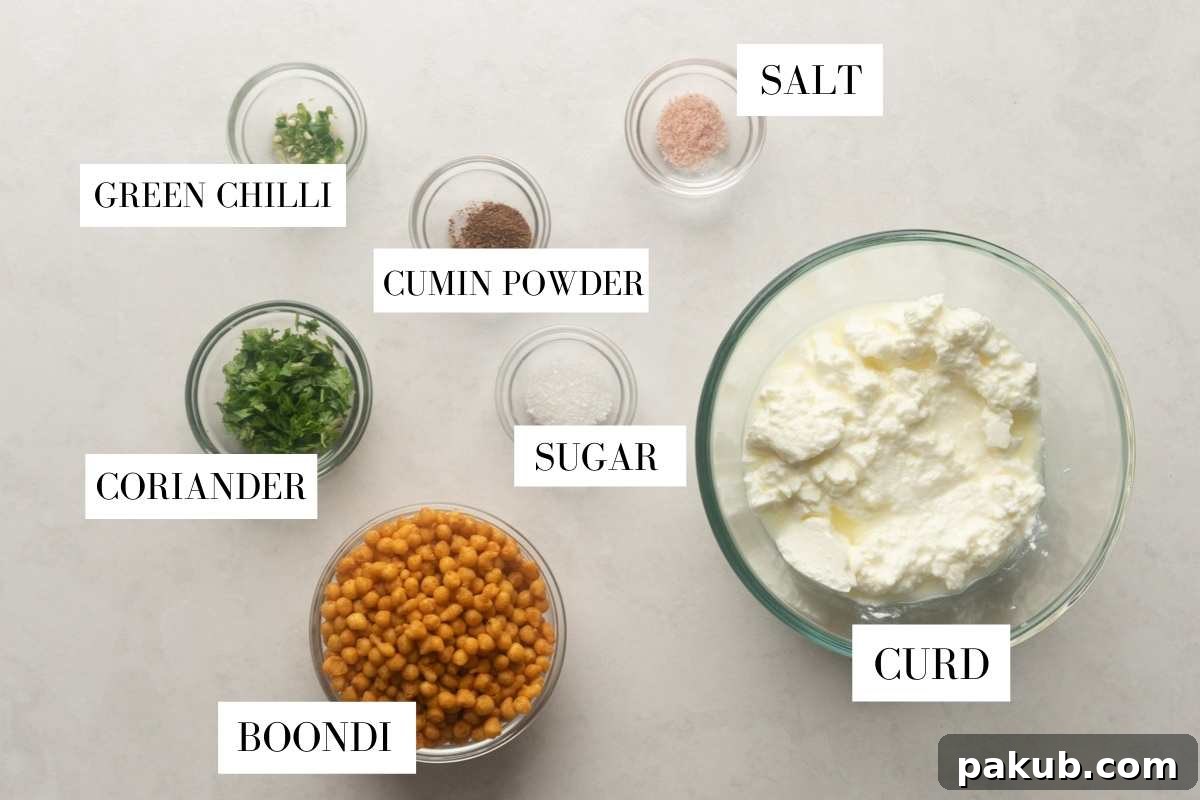 Spiced Yogurt with Crispy Boondi Pearls 3 Picture of all the ingredients required for boondi raita with text overlay