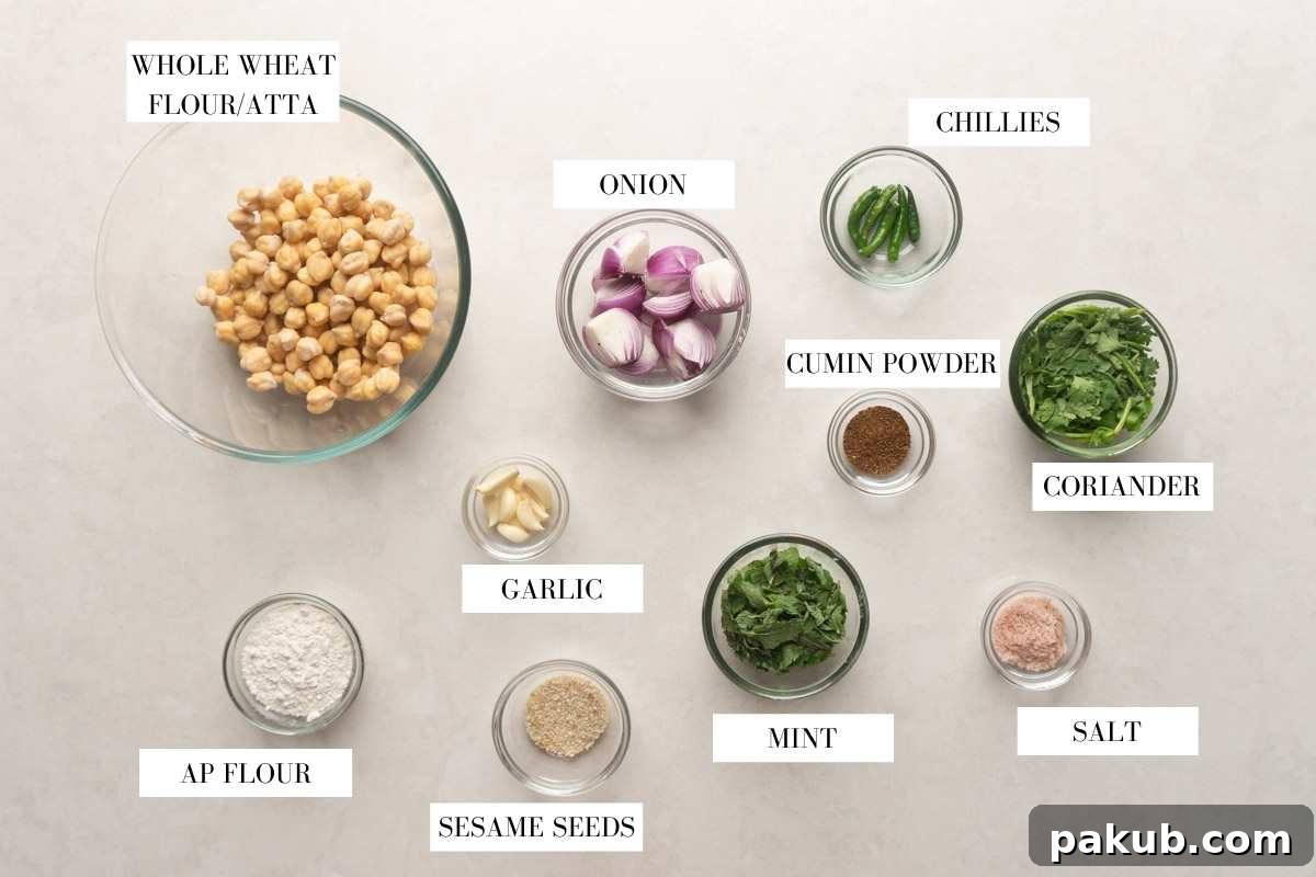 Picture of all the ingredients required to make falafel with text to identify them