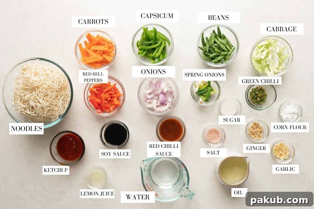 Picture of ingredients for American Chopsuey with text to identify them