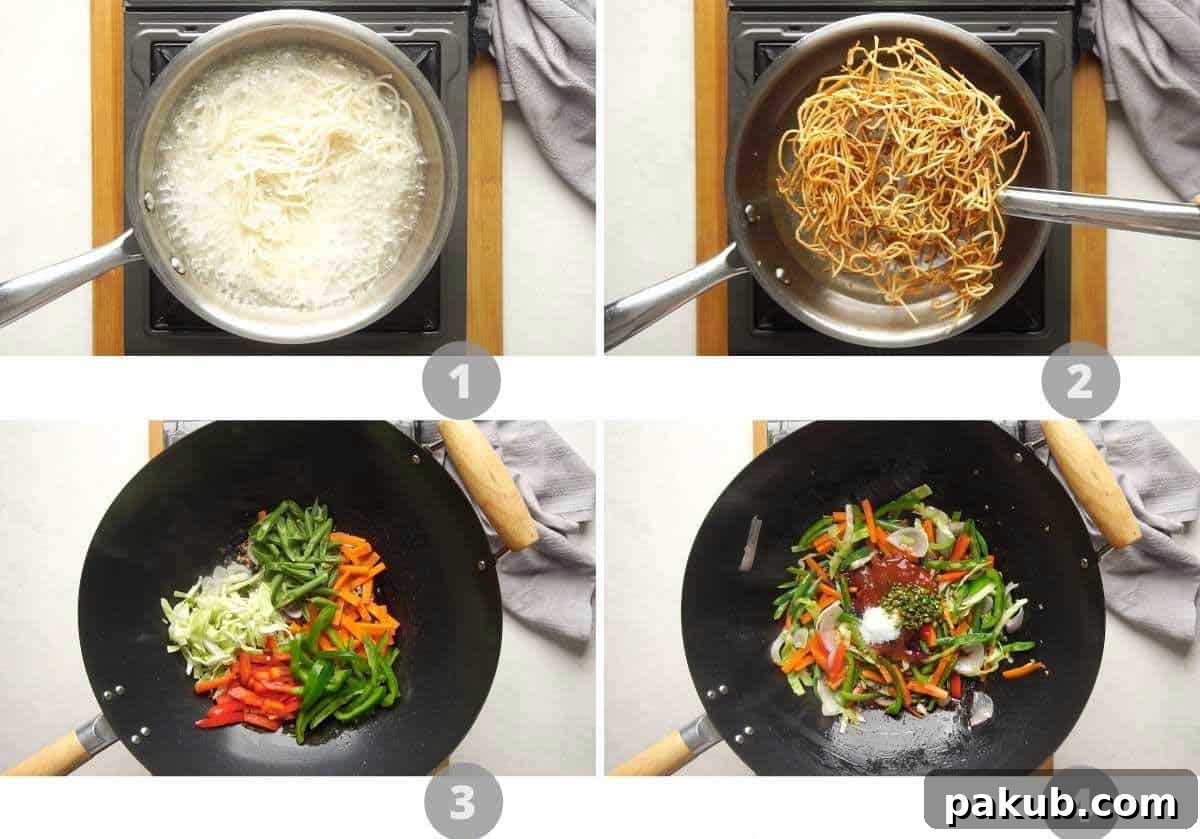 Step by step picture collage showing how to make american chopsuey