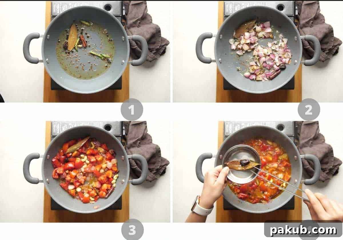 Shahi Paneer The Royal Indian Delight 4 Step by step picture collage showing the initial stages of making shahi paneer, from sauteing spices to simmering the onion-tomato base.