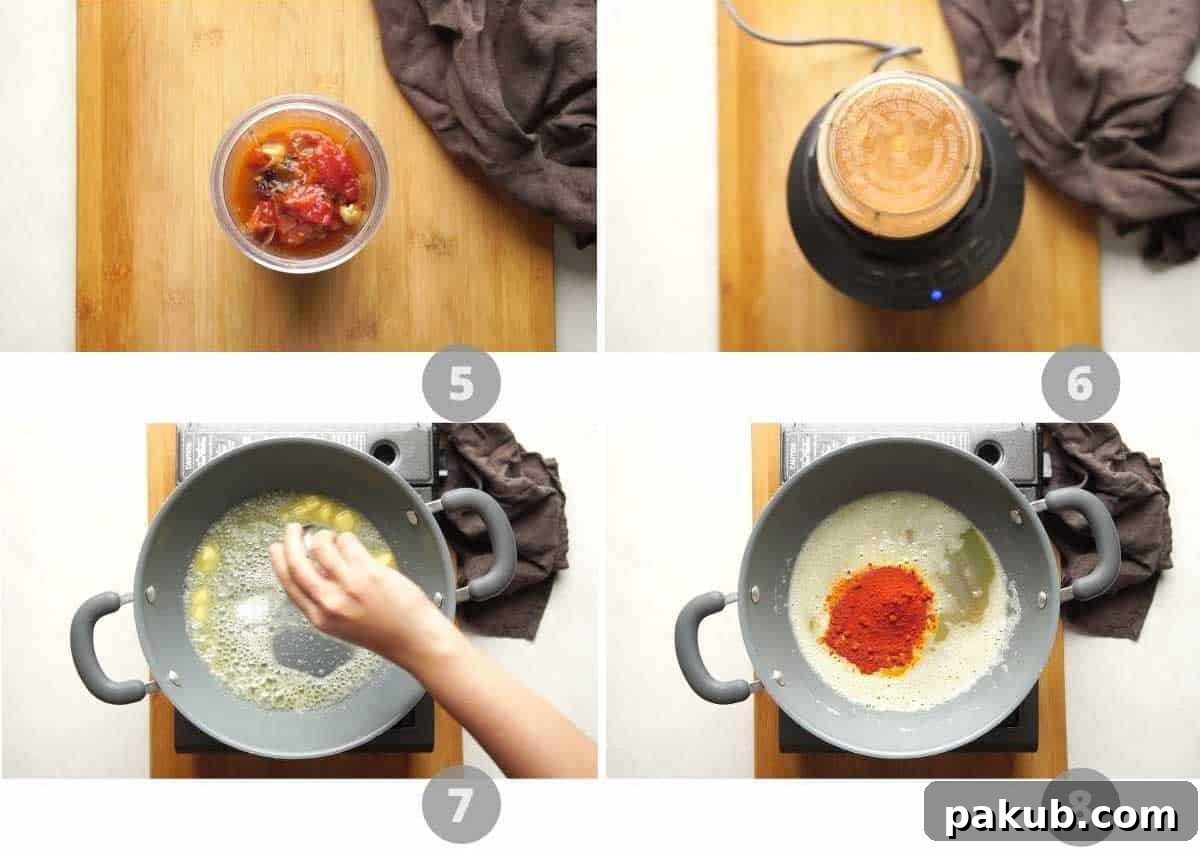 Shahi Paneer The Royal Indian Delight 5 Step by step picture collage showing the blending of the masala and preparation of the gravy with caramelized sugar and ground spices.