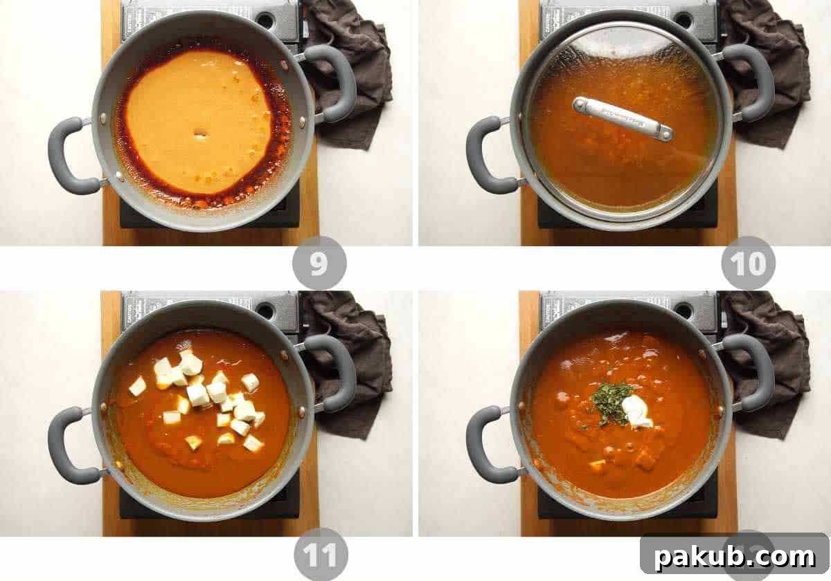 Shahi Paneer The Royal Indian Delight 6 Step by step picture collage showing the addition of paneer, cream, and kasuri methi to the shahi paneer gravy, and the final plating.