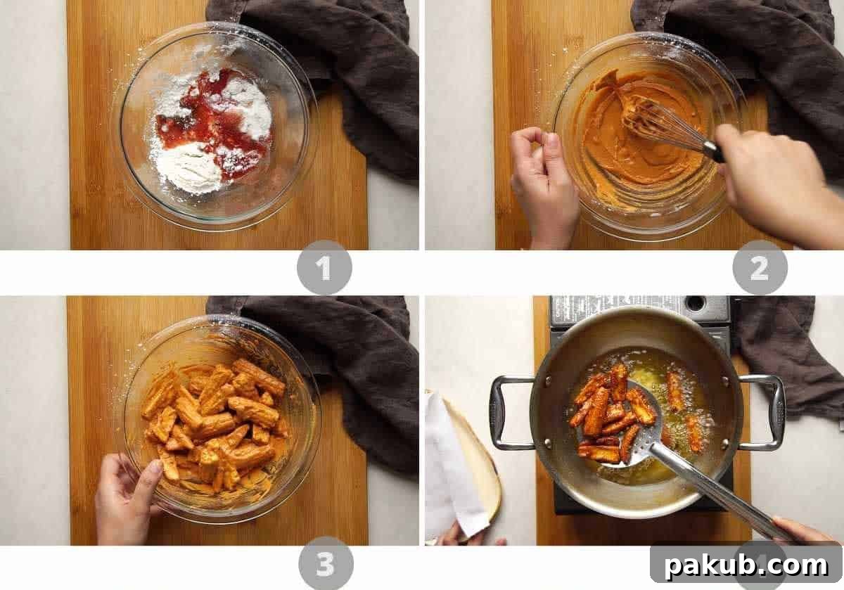 Fiery Crispy Baby Corn 3 Step-by-step picture collage demonstrating the batter preparation and coating of baby corn for frying.
