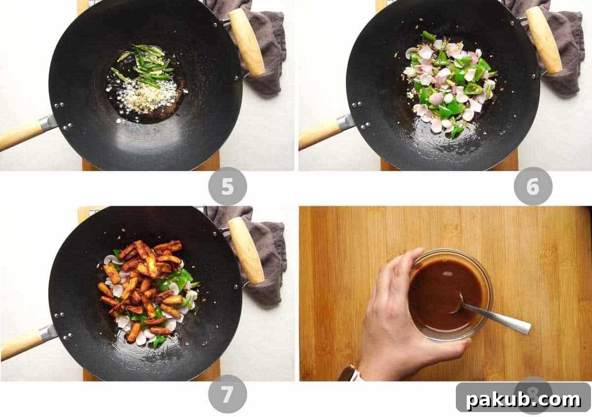Fiery Crispy Baby Corn 4 Step-by-step picture collage showing the stir-frying process of vegetables and sauce.