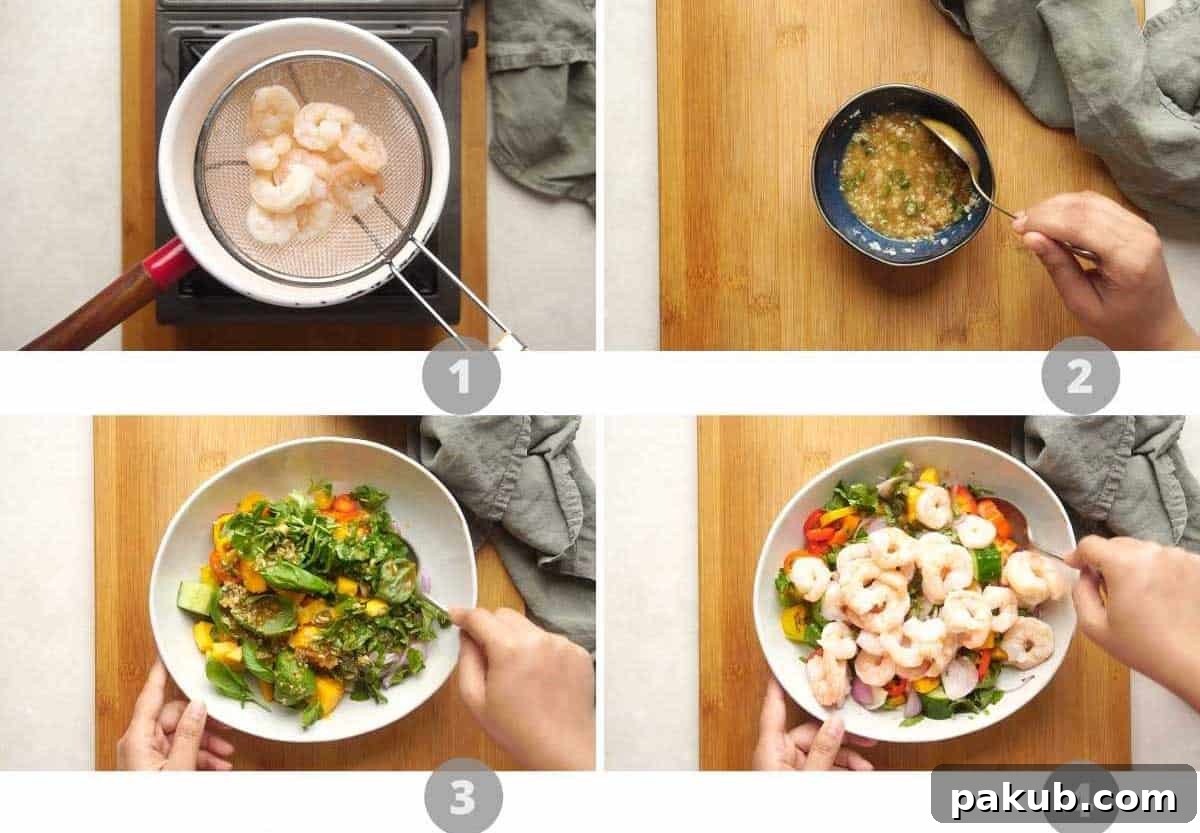 Step-by-step photo collage illustrating how to blanch prawns and prepare the vibrant Thai dressing.