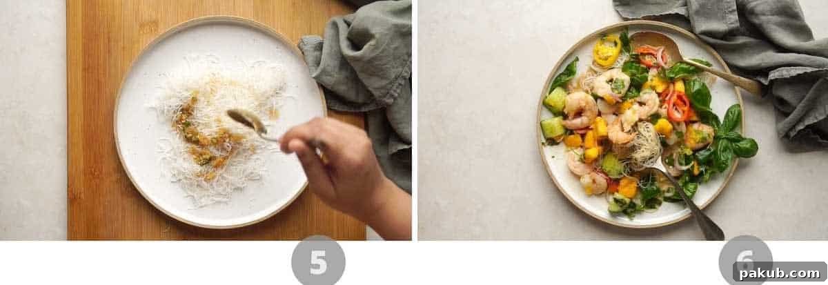 Step-by-step photo collage demonstrating the final assembly of Thai Prawn Mango Salad with vermicelli noodles.