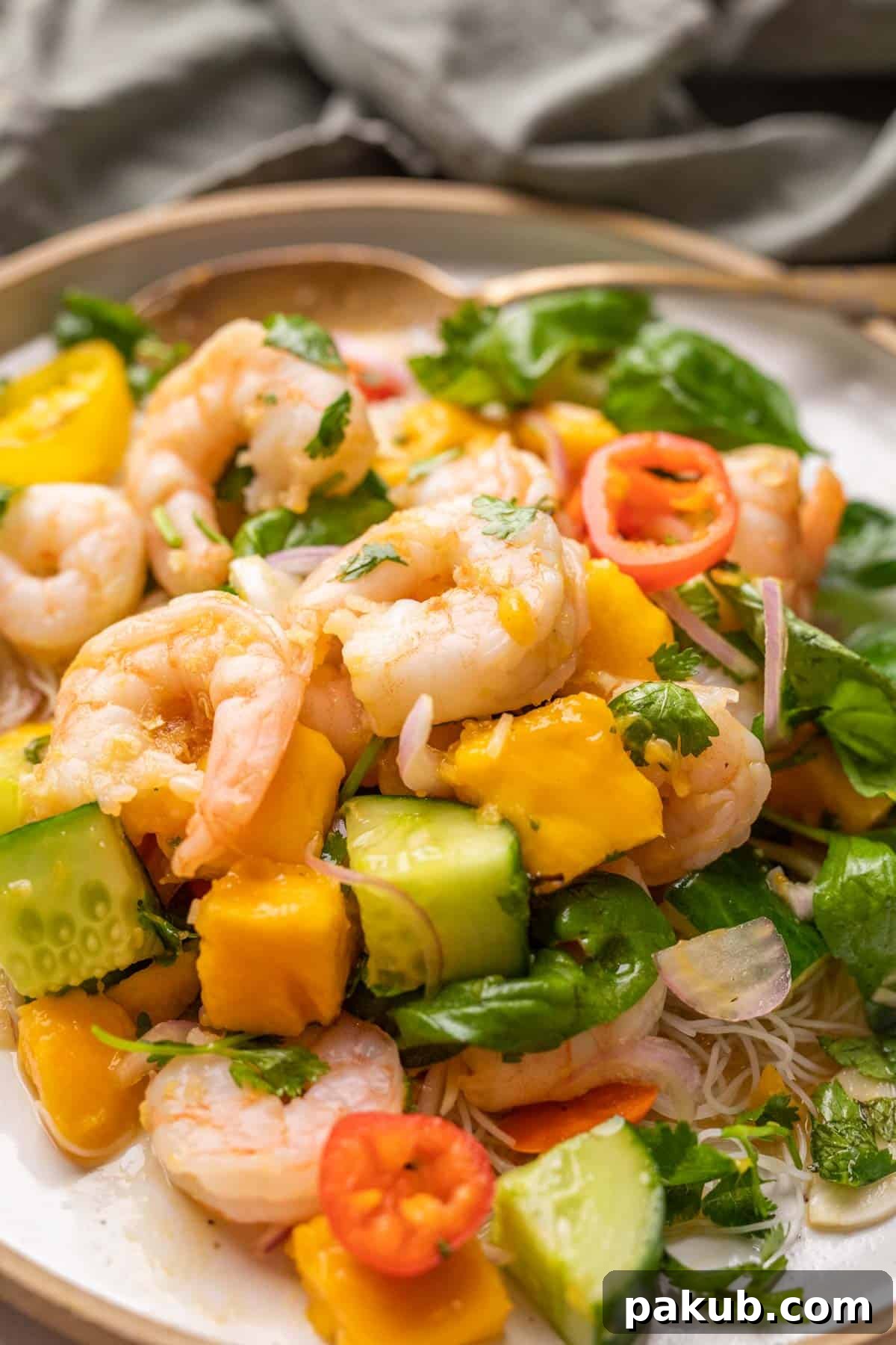 Close-up of a refreshing Thai Prawn Mango Salad, showing off its fresh ingredients and enticing colors.