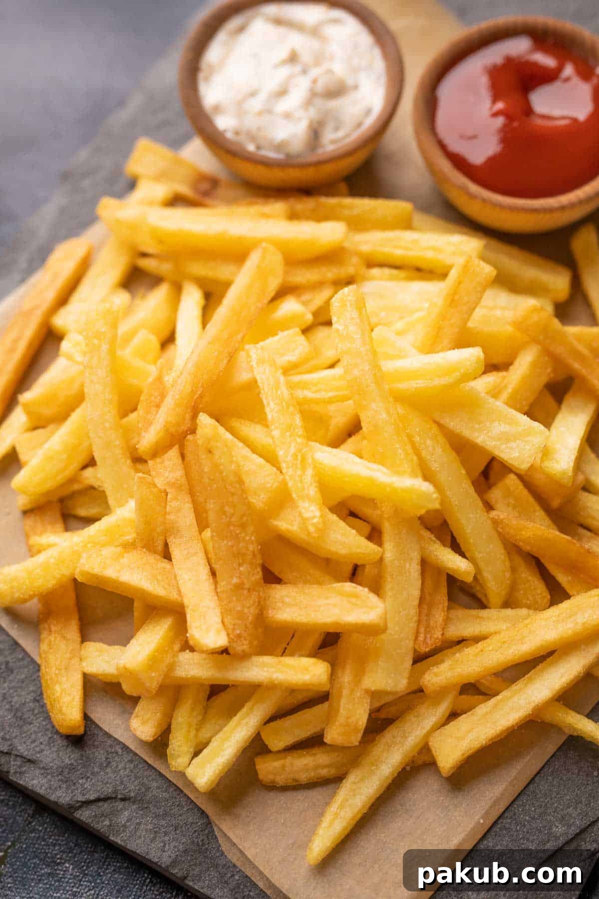 Crispy Golden French Fry Mastery 2 Plate of golden, crispy French fries served with a mayonnaise dip and ketchup