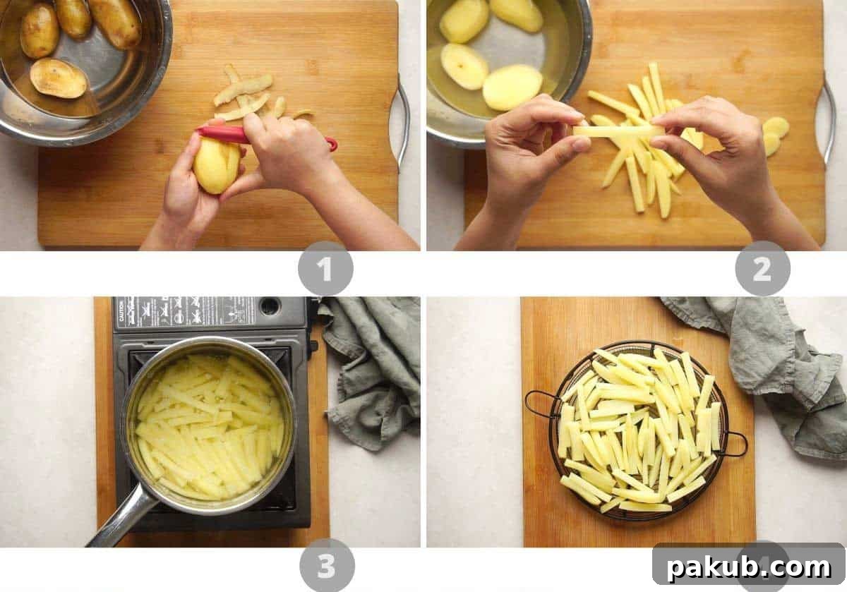 Crispy Golden French Fry Mastery 3 Step by step picture collage showing the initial stages of making French fries: washing, peeling, cutting, and soaking potatoes.