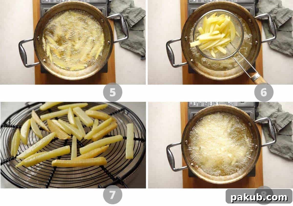 Crispy Golden French Fry Mastery 4 Step by step picture collage showing the first fry and cooling stages of making French fries.