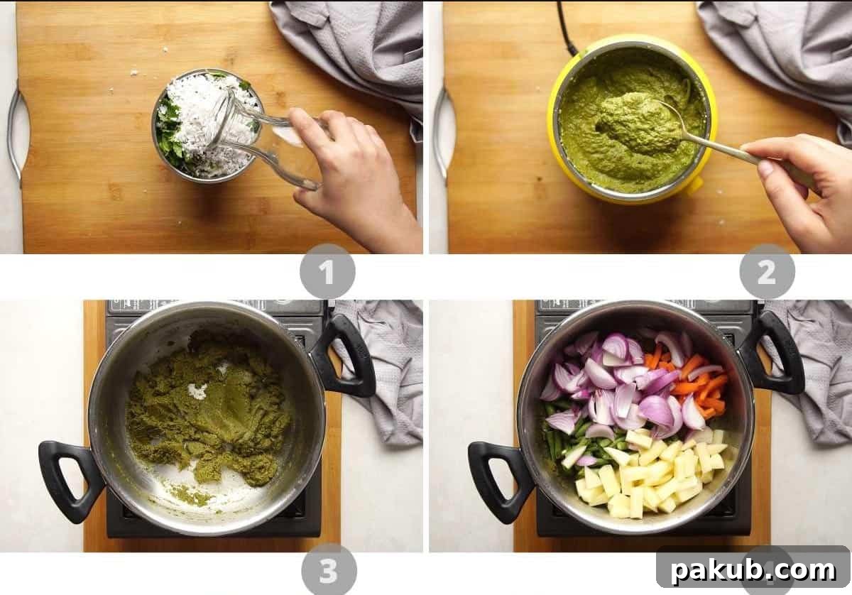 Kavitha Auntys Aromatic Rice Delight 3 Step-by-step picture collage showing how to prepare the green masala paste and initial sauté for Rice Bath