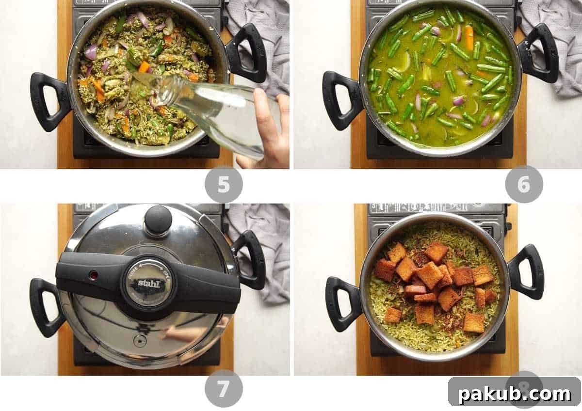 Kavitha Auntys Aromatic Rice Delight 4 Step-by-step picture collage showing how to add rice, water, and pressure cook the Rice Bath