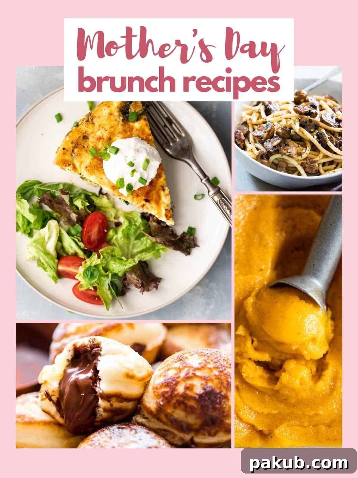 A beautiful collage of various delicious Mother's Day brunch recipes, showcasing a vibrant and inviting spread.