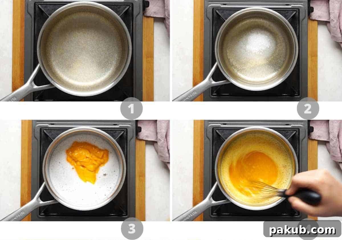 Step by step picture collage showing how to prepare the mango layer of panna cotta