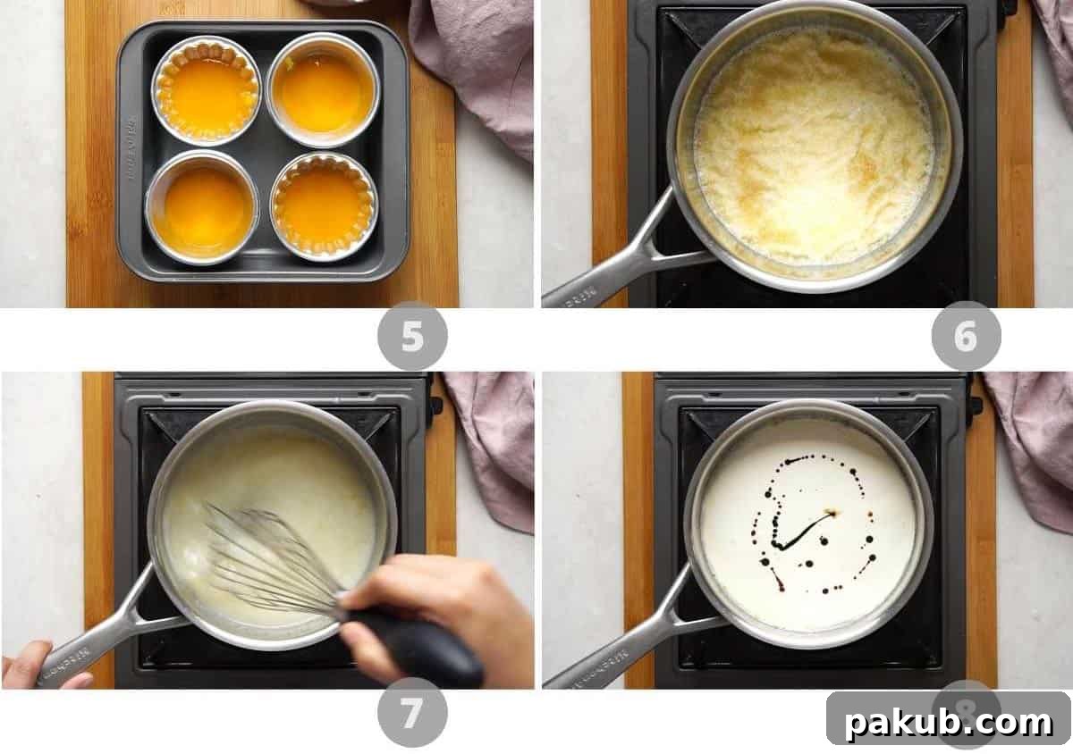 Step by step picture collage showing how to prepare and pour the vanilla layer of panna cotta
